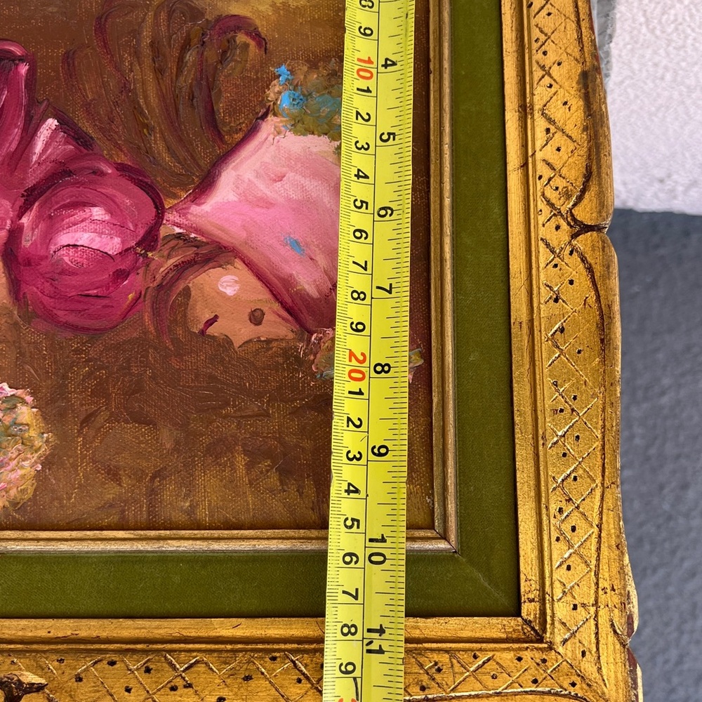 Vintage Italy Signed Oil Painting Gold Gilt Green Velvet Frame Girl W Flowers - Picture 16 of 16